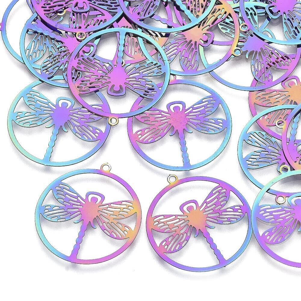 3961 Beadthoven 50pcs 201 Stainless Steel Flat Round with Dragonfly Charm
